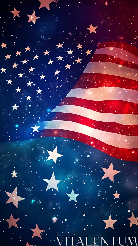 Waving American flag glows against deep starry galaxy field