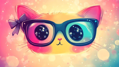Stylized Cat Face Wearing Oversized Glasses with Pink Bow
