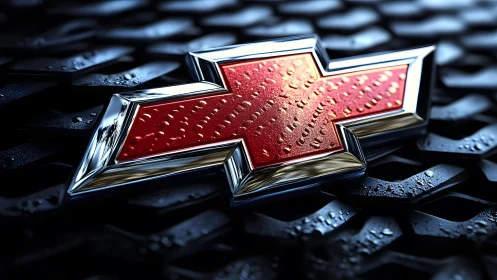Close-up of Red Chevrolet Emblem with Water Droplets, Modern Style.