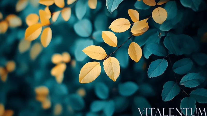 Vibrant yellow and teal leaves in dreamy nature-inspired bokeh style.