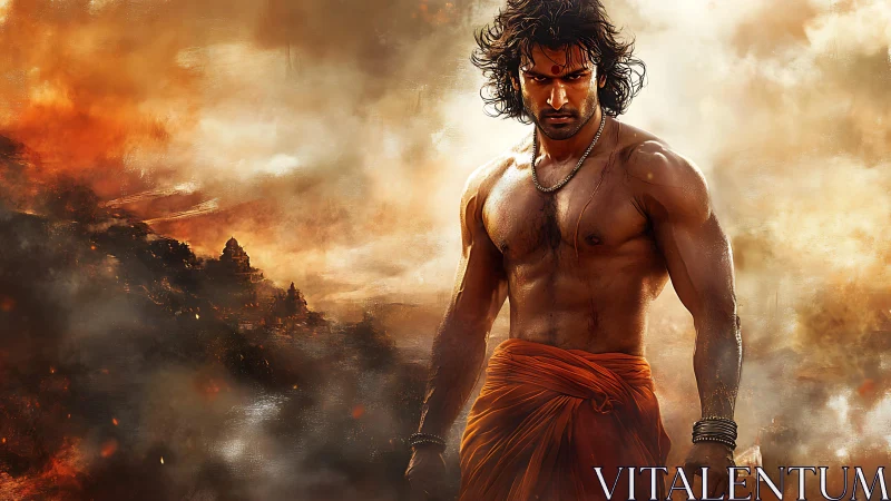 Warrior stands amid blazing storm-torn mythic landscape.