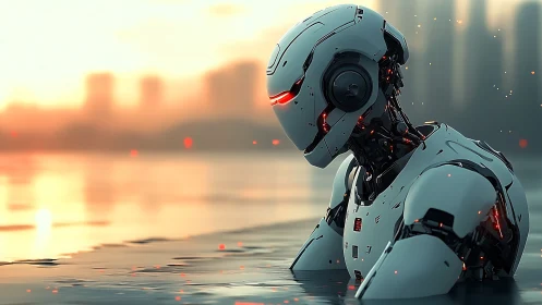 Solitary combat android in reflective waterfront dusk scene.