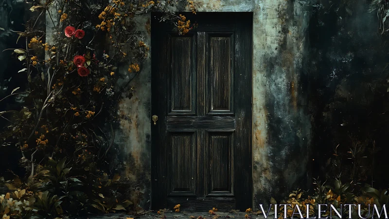 Weathered garden door entwined with roses at dusk.