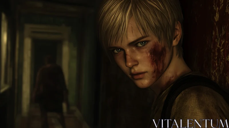 Injured youth hiding in dim corridor with cinematic depth of field