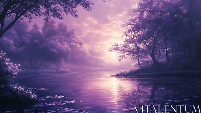 Violet dawn mist over tranquil forest river landscape.