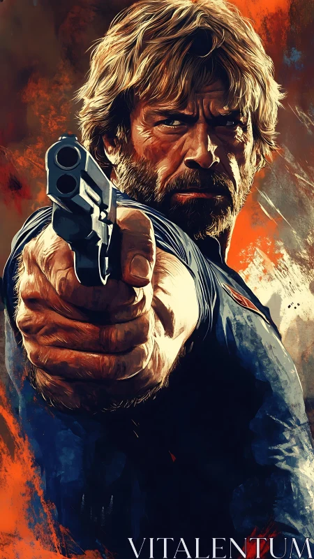 Weathered gunman extends pistol in intense close-up portrait.