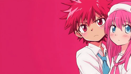 Anime boy and girl with pink hair against solid magenta