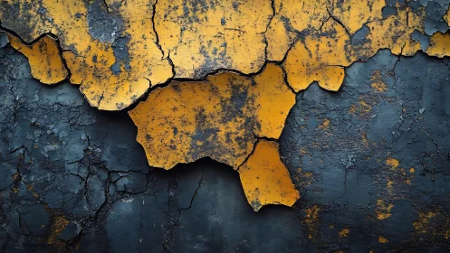 Cracked Yellow Paint on Dark Wall Texture, Grunge Abstract Art.