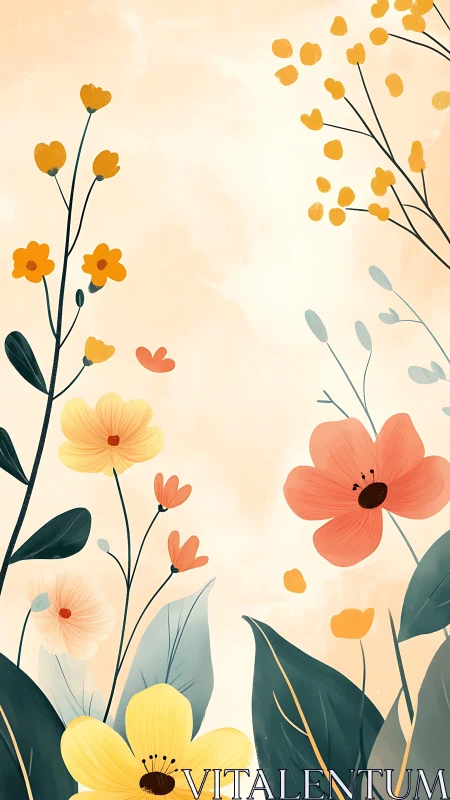 Whimsical Botanical Garden: Golden Blooms Dance Across Cream Canvas.