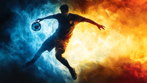Dynamic football silhouette with dual blue orange energy fields