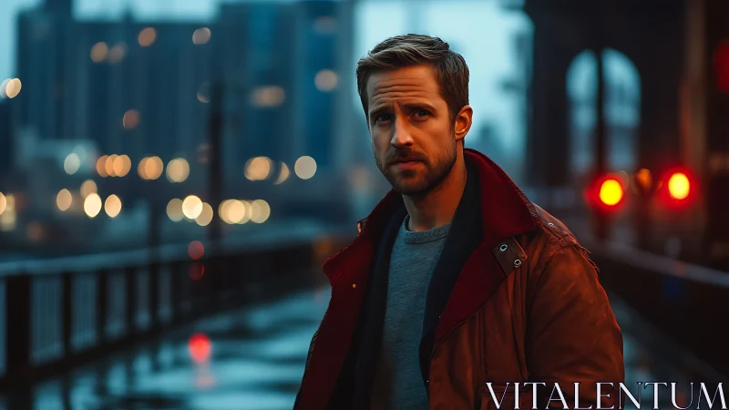 Pensive man on rainy city bridge at dusk bokeh lights.