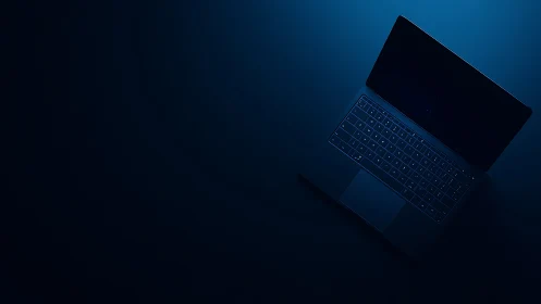Low-key laptop composition with cyan rim lighting on blue field.