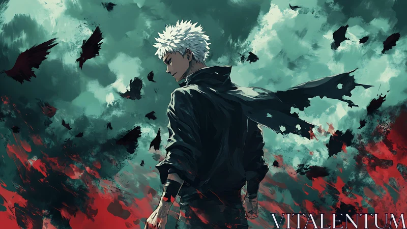 Stormlit rogue strides through crows and crimson ashes.