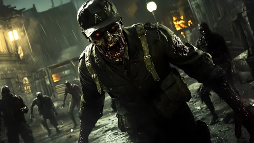 Zombie soldier lunges forward in rain-soaked burning street.