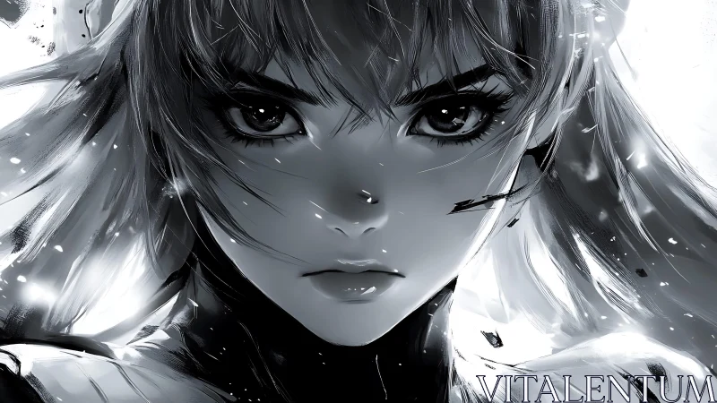 Monochrome close-up of determined female anime cyborg portrait.