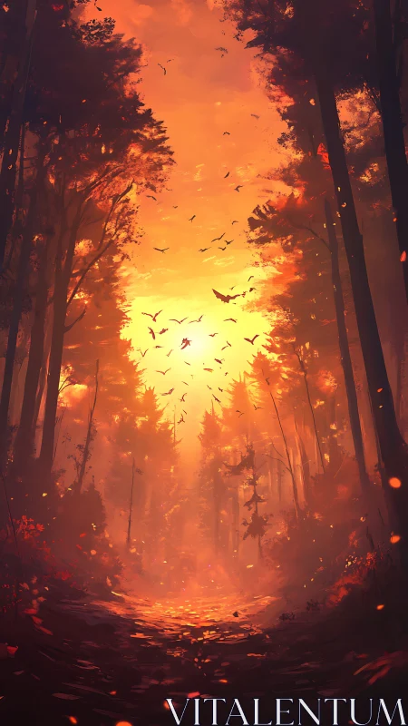 Apocalyptic Forest Burning Beneath a Golden Sky