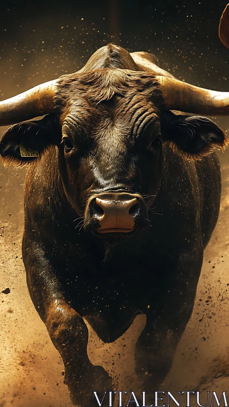 Charging bull in cinematic dust cloud, dramatic close-up scene.