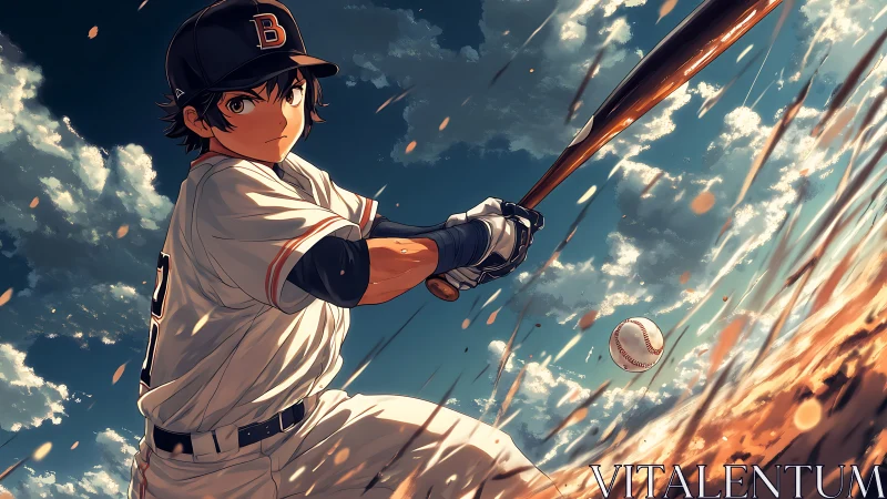 Young baseball batter swings bravely into the glowing sunset sky
