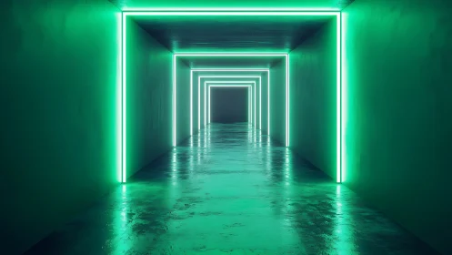 Neon corridor tunnel with luminous geometric light frames.