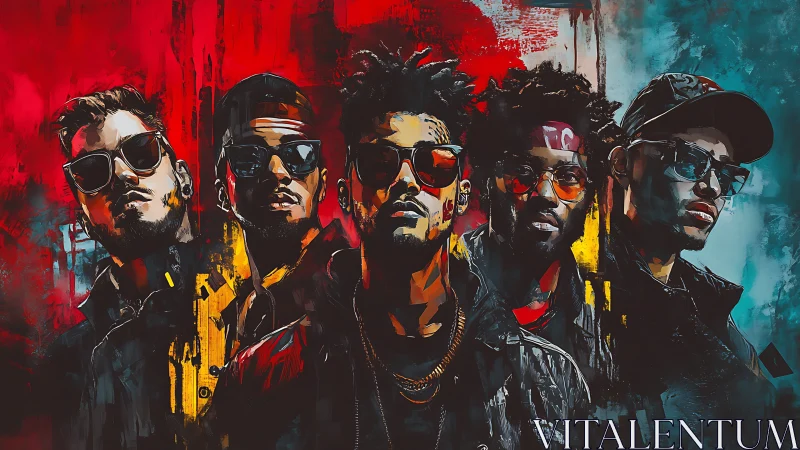 Hip-hop collective rendered in neon-saturated digital portraiture