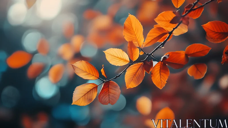 Macro telephoto capture of orange autumn beech leaves bokeh