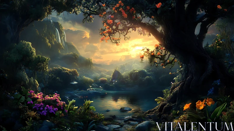 Luminous fantasy forest lake at sunset framed by flowers.