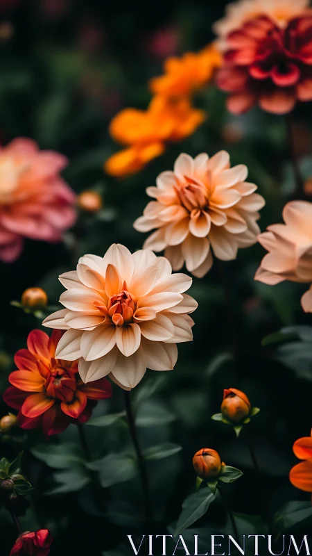 Dahlia flowers with orange and cream petals in garden setting