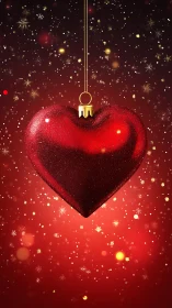 Red heart ornament hanging on festive red background.