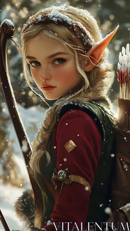 Elf archer in snowy forest environment, rear three-quarter view.