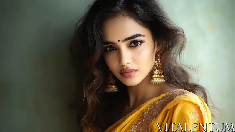High-fidelity portrait of woman in saffron sari with jhumkas.