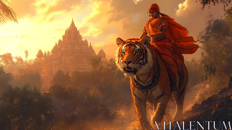Warrior saint riding tiger before sunlit jungle temple.