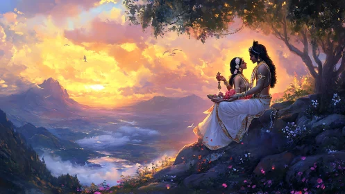 Hindu Mythological Figures at Mountain Overlook during Sunset