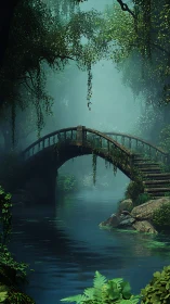 Arched stone footbridge over mist-laden forest river channel.