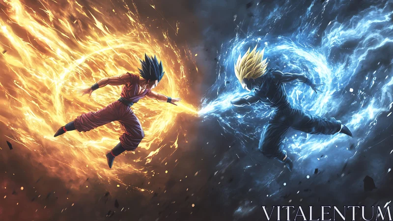 Fiery blue warrior clashing with electric rival in midair.