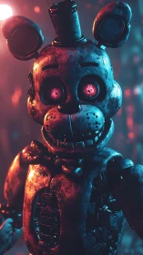 Rust-bitten animatronic bear grins through neon dread