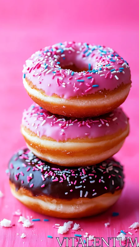 Chromatic depth-of-field stack of sprinkled glazed donuts.