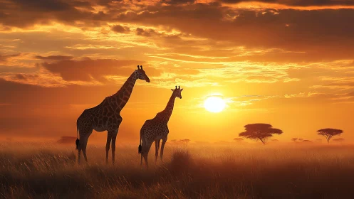 Giraffes stand in glowing savanna light at fiery sunset.