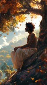 Golden leaves crown a hillside meditator in quiet sunrise