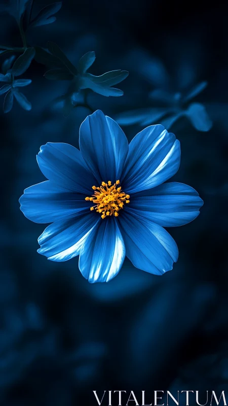 Deep Blue Cosmos: Luminescent Daisy with Golden Stamen Center.