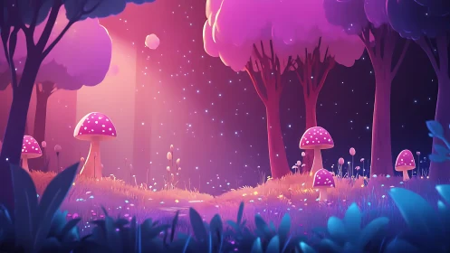 Luminescent Forest with Bioluminescent Mushrooms and Trees