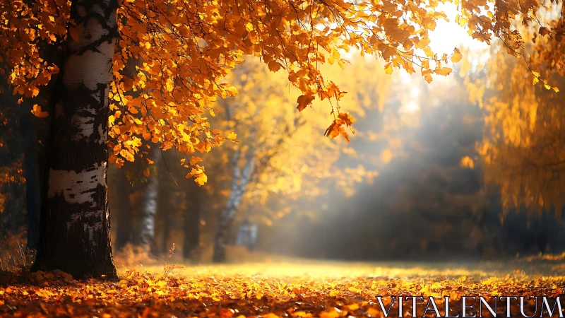 Autumn birch trees with sunlit foliage in a forest setting.