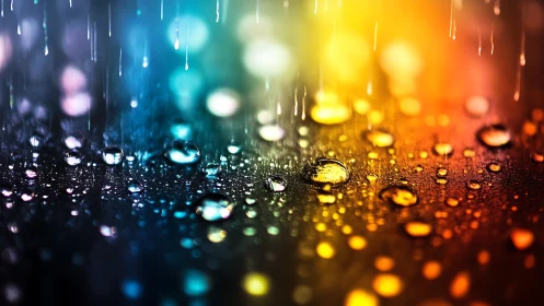 Colorful water droplets scatter across wet reflective surface