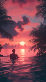Chromatic tropical seascape with silhouetted bather at sunset.