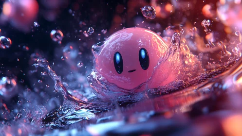 Playful pink orb splashing through neon-lit liquid realm.