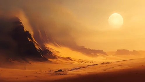 Solar winds ignite a molten desert of towering phantom dunes.