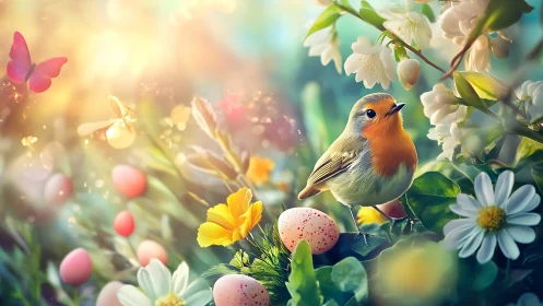 Spring songbird among flowers, eggs, and glowing light.