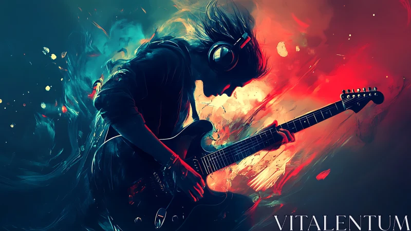 Headphoned guitarist in vivid abstract color burst digital.