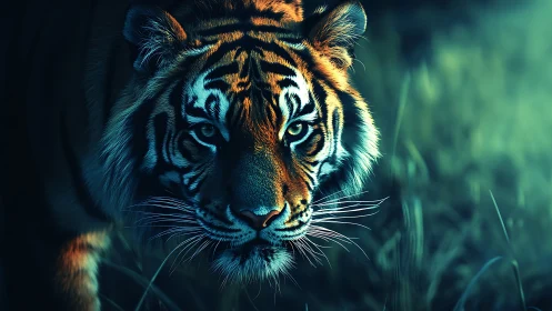 Stalking tiger in teal-lit jungle, cinematic close portrait.