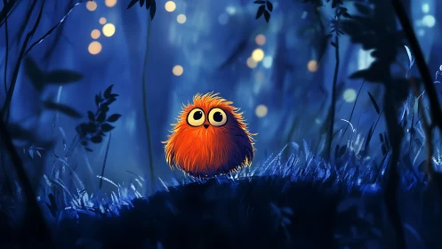 Orange fluffy creature in blue forest light at night.