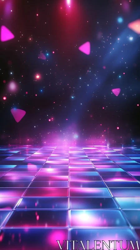 Illuminated tiled surface extends beneath floating light forms